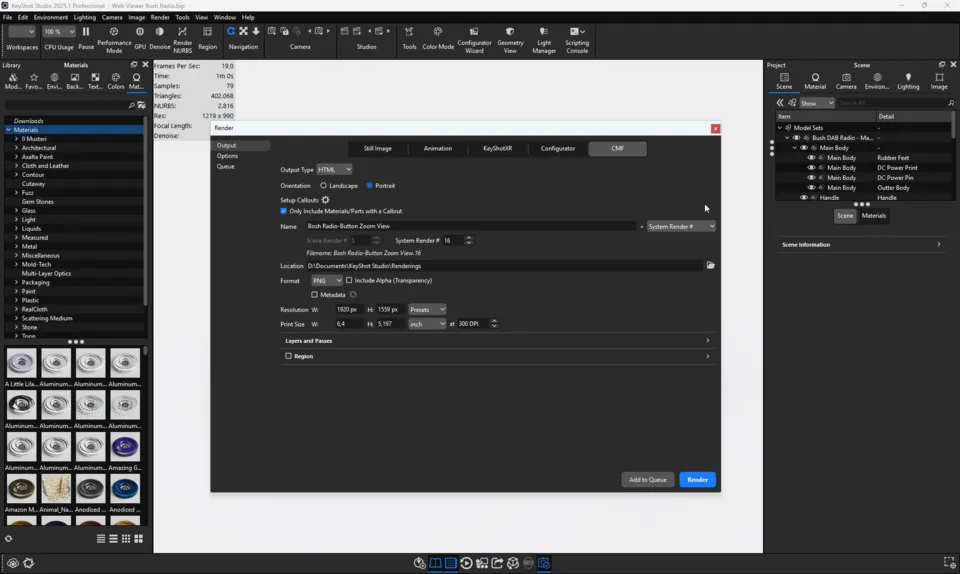 KeyShot Studio CMF Çıktı Seçeneği